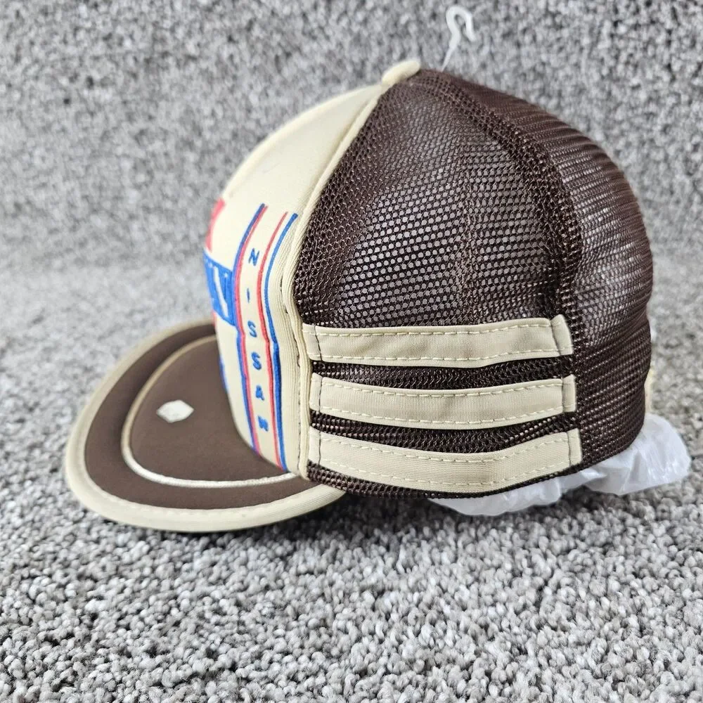 Vintage Datsun Trucker Hat Cap Snap Back 3 Stripe Mesh 280ZX Brown Tuner JDM 80s